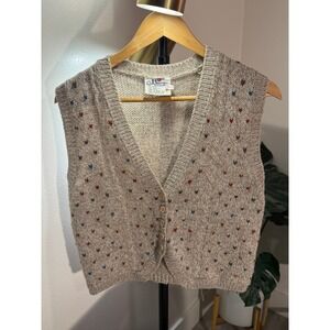Vintage Alberoy Heart Fleck Cable Knit Wool Blend Sweater Vest Oatmeal Womens